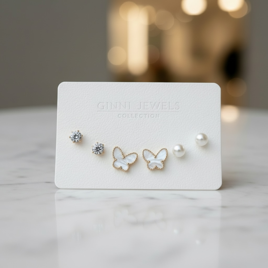 Gold Butterfly & Pearl Stud Set