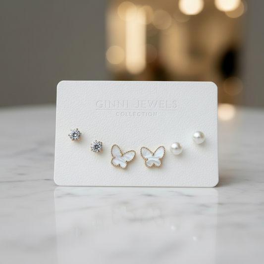 Gold Butterfly & Pearl Stud Set